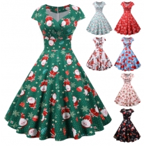 Christmas Outfit for Women, European and American Style, Square Neck, Padded Sleeves, Printed Retro Style, Full Skirt