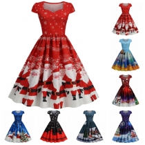 Christmas Outfit for Women, European and American Style, Square Neck, Padded Sleeves, Printed Retro Style, Full Skirt