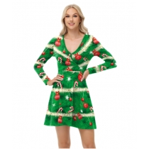 New European and American style sexy dress, Christmas dress, digital print V-neck autumn long-sleeved dress for women.