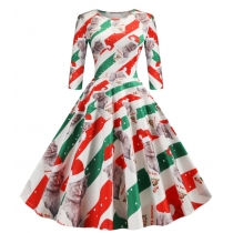 New Christmas Hot Selling Mid-Sleeve Elegant Retro Print A-Line Maxi Dress