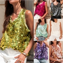 2025 European and American style women's casual versatile sexy sequined round neck loose sleeveless vest top