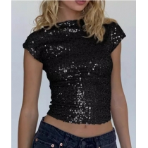 European and American style sparkly T-shirt for women, new summer style, sexy backless sequined round neck short sleeve slim fit top.