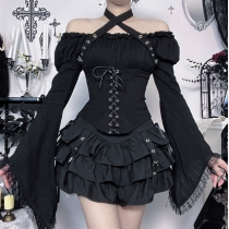 Dark-themed high-waisted tie-up cake skirt, 2025 new gothic style, Y2K, Asian girl black mini skirt