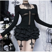 Dark-themed cross-print cutout undershirt, 2025 new gothic style sexy top for hot girls.