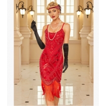 Sequined tassel halter dress, 1920s retro Gatsby ball party evening gown.