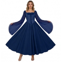 Renaissance-era women's pirate dress with slits and bell sleeves; medieval fairy dress.