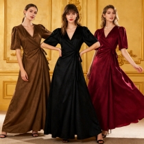 2025 New Arrival, In Stock, European and American Style Women's V-neck Tie-waist Slim Fit Suede Long Dress Coat/Performance Costume