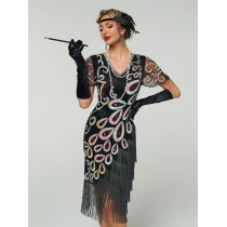 New European and American style heavy-duty beaded peacock plus size dress, cross-border retro sequined tassel phoenix tail gown