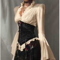 Dark V-neck court-style long-sleeved top, 2025 new gothic style fashion retro shirt for women.