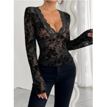 European and American 2025 spring new women's V-neck lace mesh trumpet sleeve T-shirt tops for women
