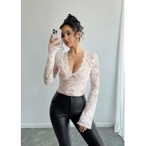 European and American 2025 spring and summer new women's solid color sexy lace slim fit V-neck long-sleeved T-shirt tops for women