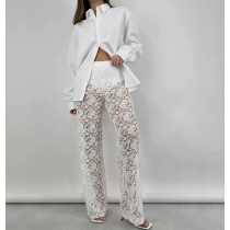 European and American style summer hot selling new products sexy versatile lace see-through high waist stitching long straight pants women's pants