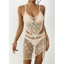 Women's holiday beach suit cross-border European and American women's clothing sequin stitching pure hand hook bikini two-piece blouse