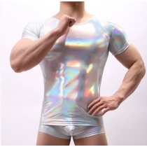 Gold-stamped patent leather youth men's vest nylon ice silk elastic stage performance close-fitting sleeved T-shirt
