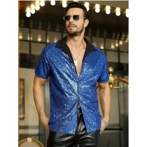 2025 Men's Lapel Sequined Short Sleeve Shirt European and American Disco Sparkling Party Style Shirt