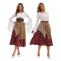 2025 summer new irregular word plaid long skirt splicing skirt retro niche design sense literary