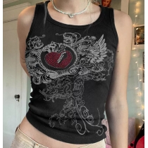 Autumn and winter sexy personality pattern street hot diamond printing tight round neck vest sports top