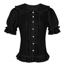 2025 European and American summer doll collar short-sleeved summer Lolita shirt soft girl puff sleeve slim short sleeve
