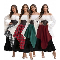 Retro medieval long skirt red and white checkered irregular skirt long skirt