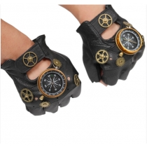 European and American Steampunk Leather Gloves Gear Half Finger Gloves Compass Retro