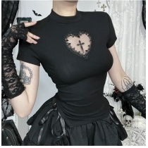 Dark Gothic style cross hollow waist slim fit short T-shirt 2025 hot girl tops for women