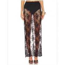 European and American sexy perspective hollow skirt 2025 spring and summer new style temperament versatile design black lace long skirt