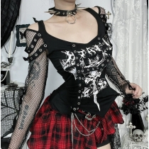 Dark Gothic Style Slim Bat Print Fishnet Top 2025 Fashion Street All-match Tops for Women