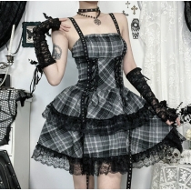 Dark Gothic Style Yabi Black and Gray Plaid Dress 2025 New Sweet and Cool Hot Girl Punk Short Skirt