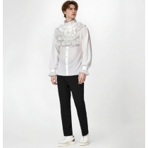 2025 European and American new fashion Gothic ruffled stand collar long sleeve men's tie shirt pleated cuffs men's shirt