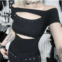 Dark black one-shoulder hot diamond top 2025 new summer waist-hugging short top for women