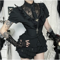 Dark lace hollow short-sleeved top 2025 new sexy hot girl slim versatile shirt for women