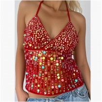 2025 Summer European and American Women's Dopamine Suspender Sequin Sexy Deep V Suspender Top