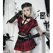 Red checkered pleated skirt Dark style summer new versatile personality long skirt