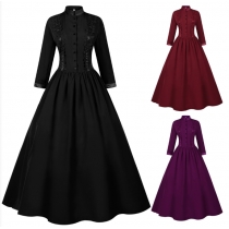 New Halloween medieval dress for women, stand-up collar, large regular hem, retro long dress