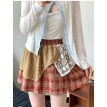 Retro style irregular plaid lace patchwork short skirt women's summer new style wasteland style casual slim A-line skirt