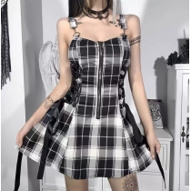 Hot girl temperament slim plaid dress Fashion casual sexy zipper design short skirt for women