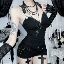 Dark cross collar lace stitching backless top 2025 high-end hot girl vest top for women