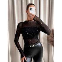 European and American 2025 spring new women's small stand-up collar long-sleeved mesh sand transparent rhinestone decorated T-shirt tops for women