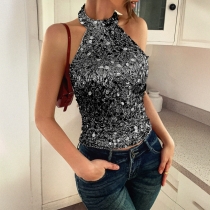 European and American elegant temperament halterneck sequined camisole women's clothing 2025 spring and summer