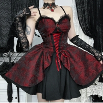 Dark red rose jacquard suspender skirt 2025 new gothic style black and red jacquard dress for women