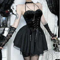 Dark hot girl halter neck waist suit 2025 new gothic style cos Halloween suit skirt
