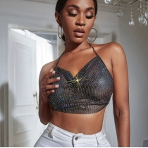 Hot-selling off-the-shoulder European and American suspender style sexy backless slim fit black solid color fishnet rhinestone vest