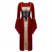 2025 Gold Velvet Trumpet Sleeve Retro Medieval European Court Long Floor-Length Skirt