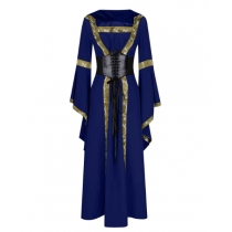 2025 European and American medieval retro hooded dress square neck tie trumpet sleeves big swing skirt