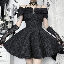 Dark-themed off-shoulder textured dress, 2025 new style, gothic-inspired, unique streetwear, fitted mini dress