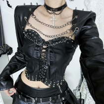 Dark detachable chain leather jacket 2025 new gothic style street style punk leather jacket