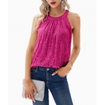 2026 Summer European and American New Style Solid Color Halter Neck Women's Sequined Slightly Elastic Camisole Sequin Vest