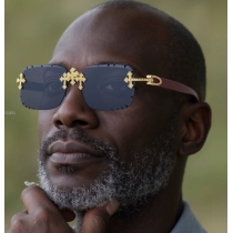 2025 New European and American Retro Frameless Sunglasses for Men - Diamond-Cut Edges, Faux Wood Grain Temples