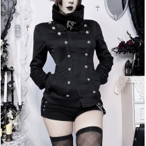 Dark-themed high-neck retro jacket with metal buckles, new 2026 gothic style jacket.