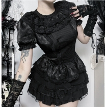Dark-themed lace puff sleeve top, 2026 new gothic style sexy and versatile top for women.